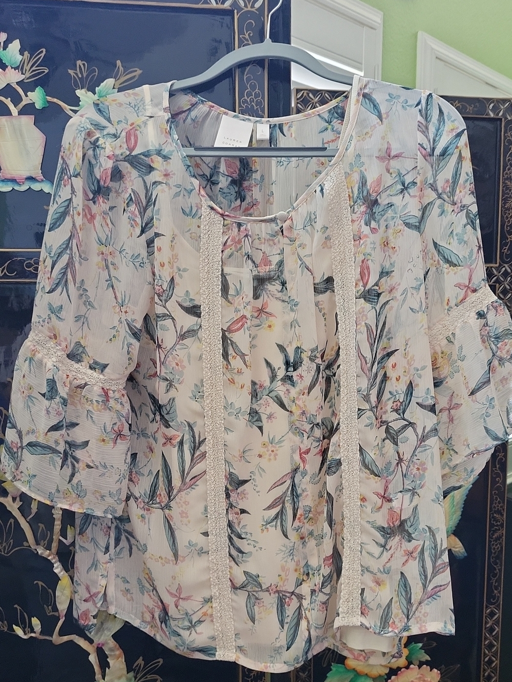 LC Lauren Conrad Floral Sheer Blouse in Cream, Green and Pink